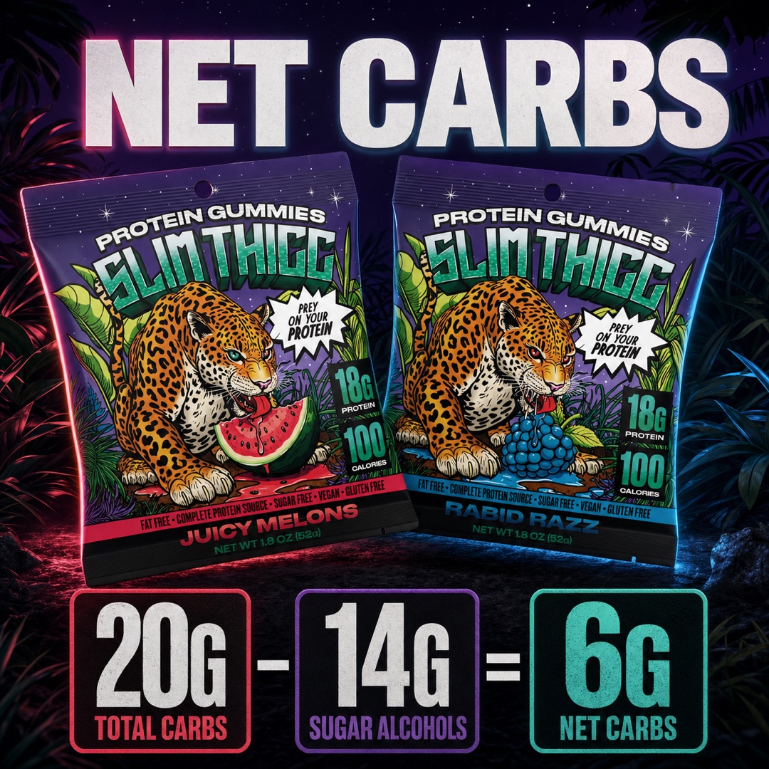 SlimThicc net carbohydrate equation showing 20 grams total carbs minus 14 grams sugar alcohols equals 6 grams net carbs
