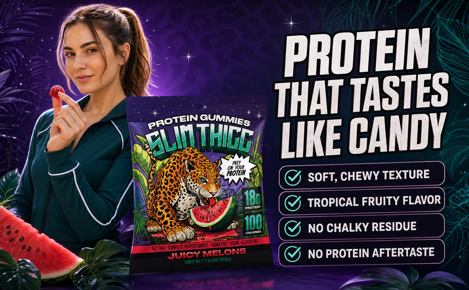 SlimThicc Juicy Melons protein gummies with a soft, candy-style chew